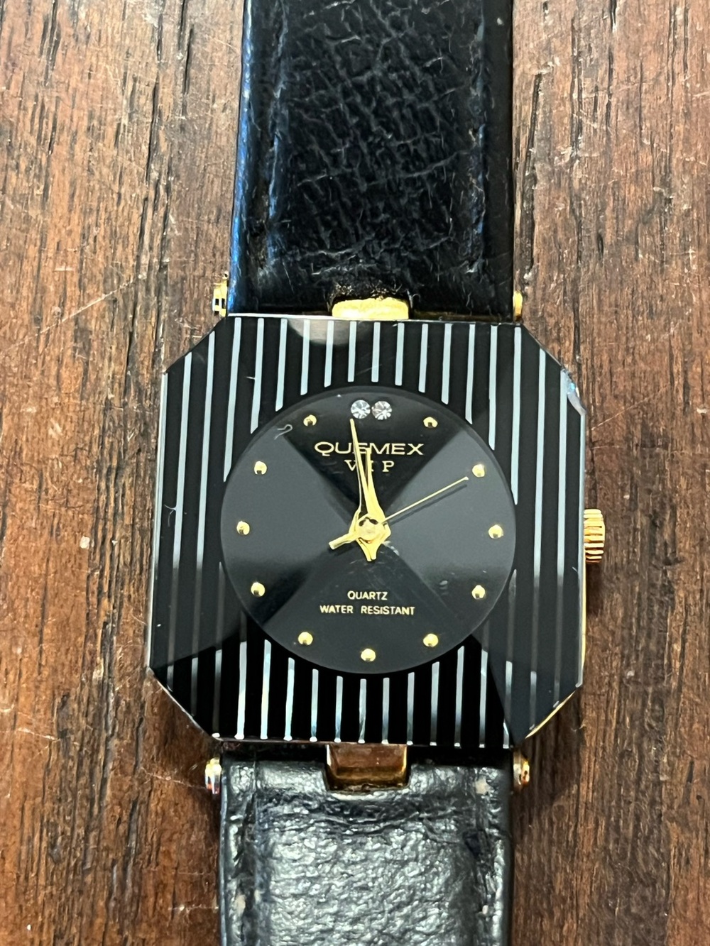Retro Working Quemex VIP 18K Gold Plated Octagon Pinstripe Watch OG Band vintage